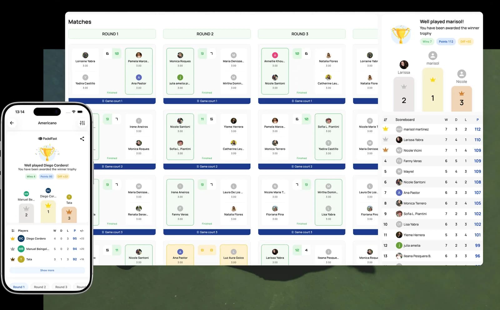 Padel tournament software dashboard showing match schedules and results