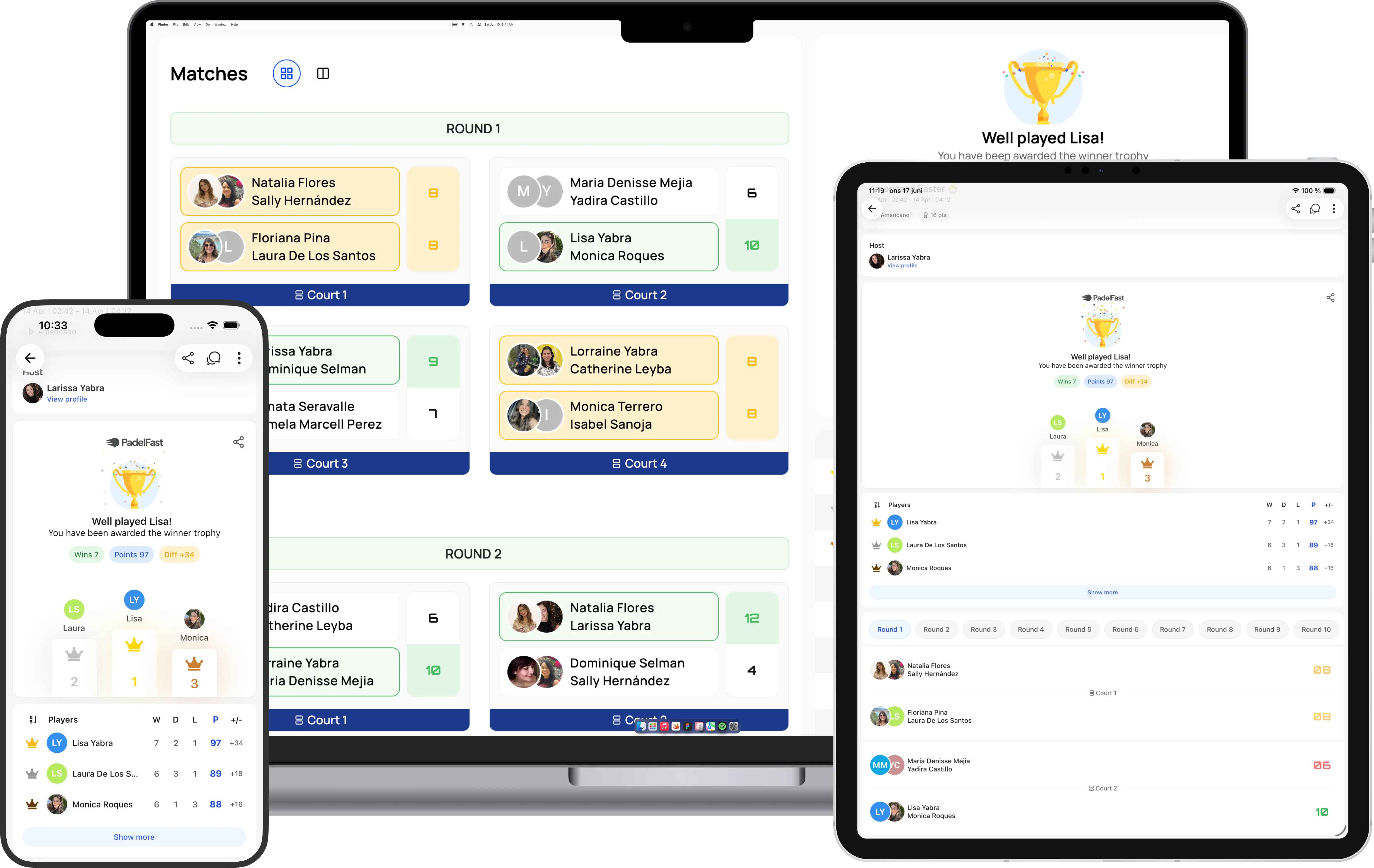 Padel tournament software dashboard showing match schedules and results